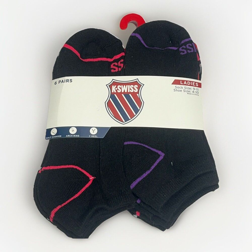 K Swiss Women's No-Show Socks 6 Pack Medium 4-10 Black Flow Cool $28 Arch Ring‎